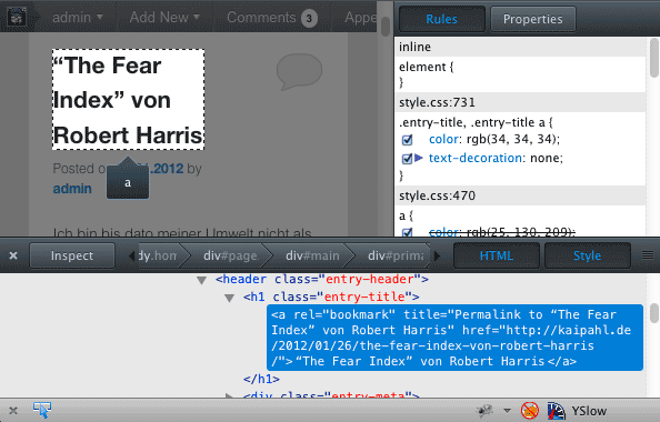 Firefox 10 mit ausgeklappten Inspector der Web Developer Tools