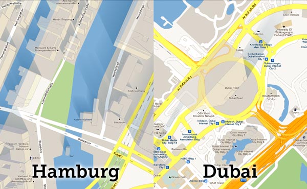 Googlemaps-Schattenwürfe Hamburg vs Dubai