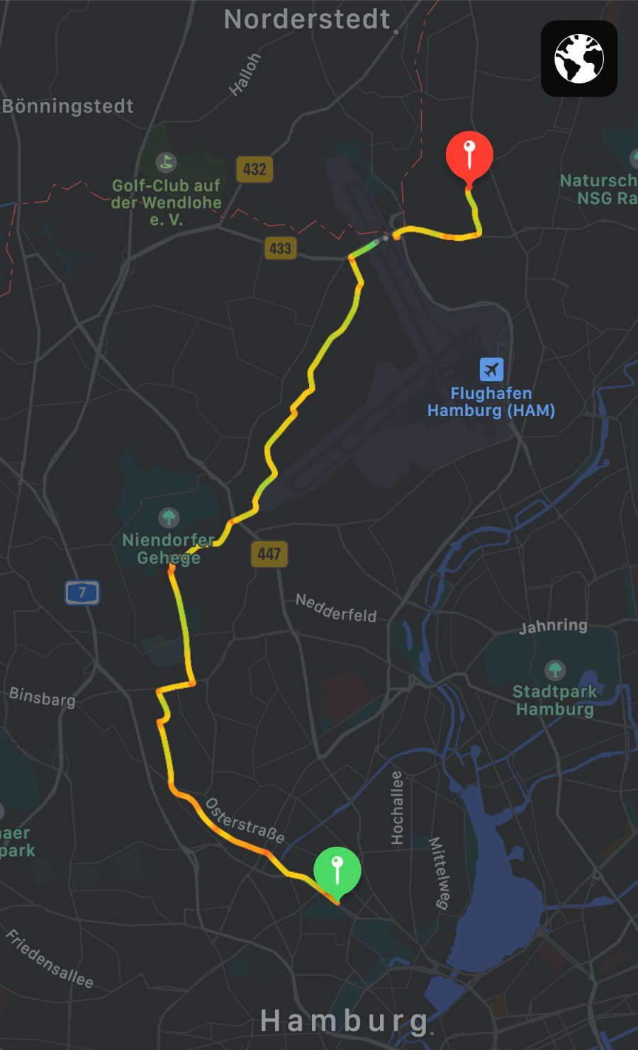 Karte der Fahrradstrecke Schlump – Langenhorn